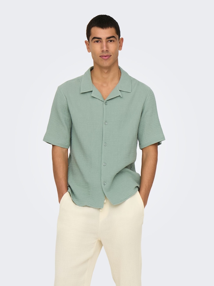 Only & Sons Green Cuban Collar Seersucker 100% Cotton Shirt - Image 4 of 7