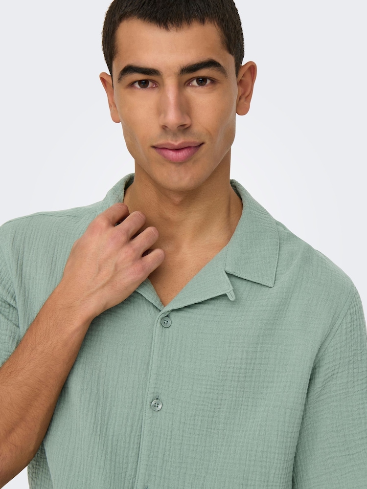 Only & Sons Green Cuban Collar Seersucker 100% Cotton Shirt - Image 5 of 7