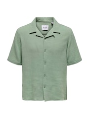 Only & Sons Green Cuban Collar Seersucker 100% Cotton Shirt - Image 6 of 7