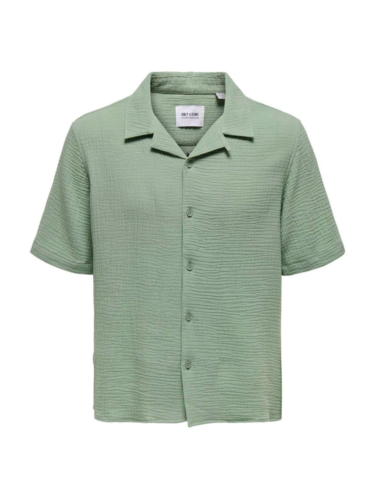 Only & Sons Green Cuban Collar Seersucker 100% Cotton Shirt - Image 6 of 7