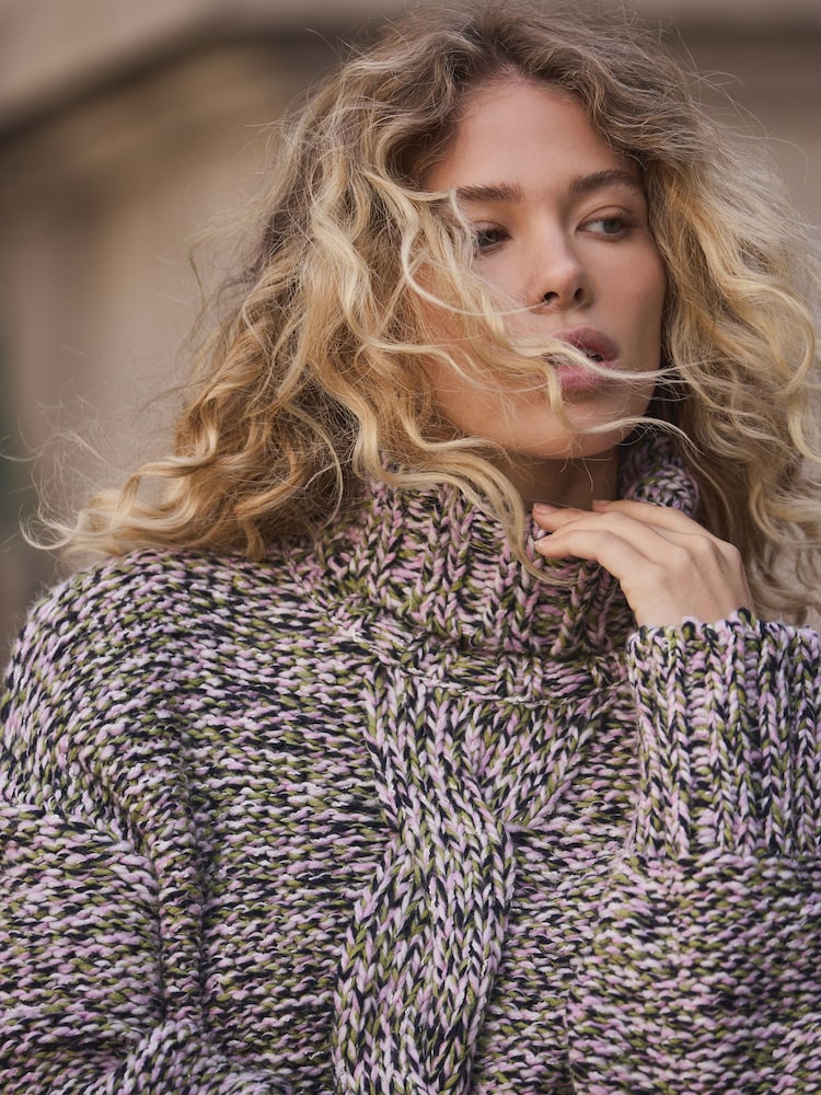 Pink and Green Twist Cable Knit Roll Neck Jumper - Image 3 of 3