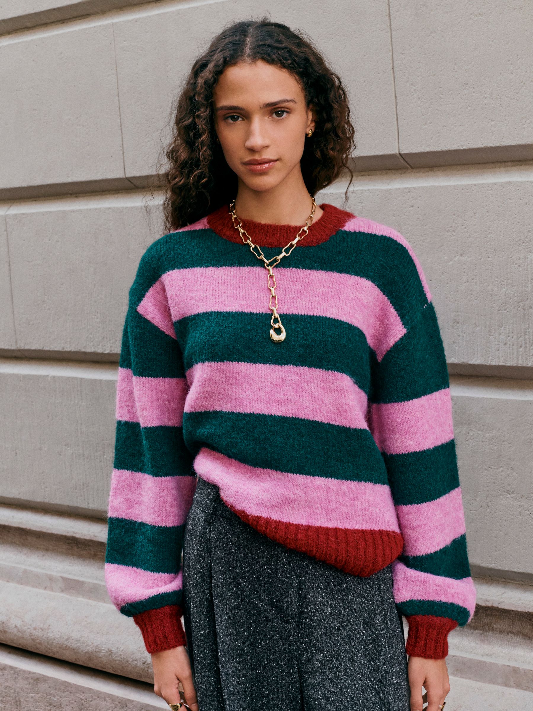 Buy Pink/Green Multi Stripe Crew Neck Jumper With Wool from Next