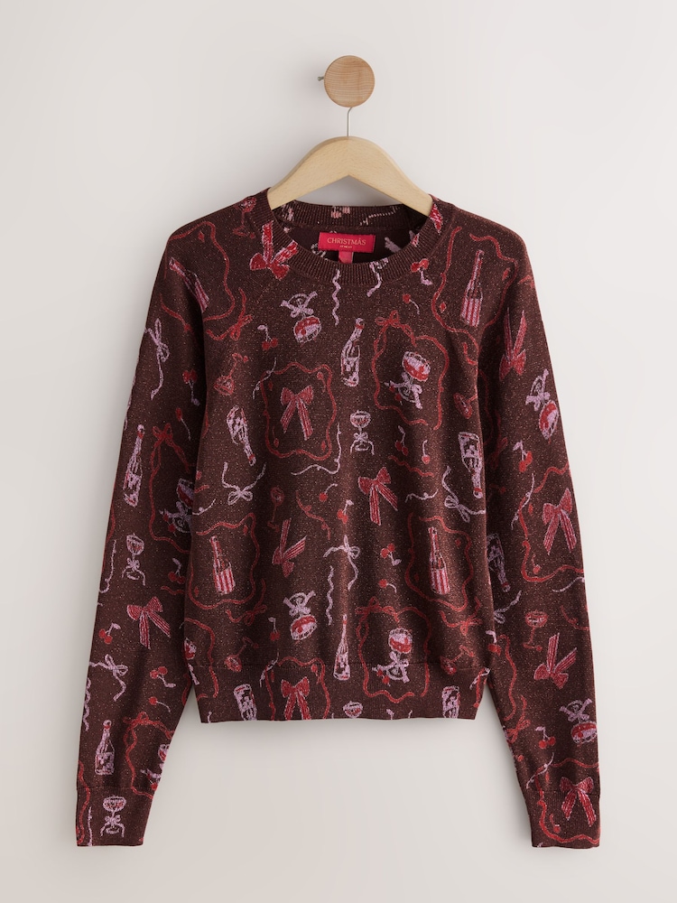 Chocolate Brown Sparkle Bow Christmas Jumper - Image 1 of 3