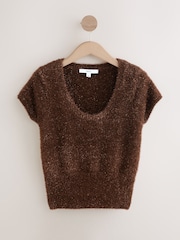 Chocolate marrom - Camiseta com decote redondo e cintura alta com brilho - Imagem 1 de 3