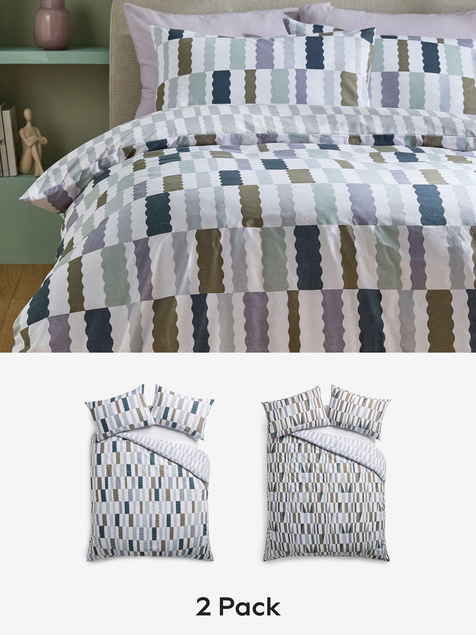 Buy 2 Pack Blue Green Reversible Duvet Covers and Pillowcases Set