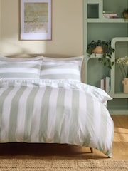 2 Pack Green Stripe 100% Cotton Duvet Cover and Pillowcase Set - Image 1 of 10