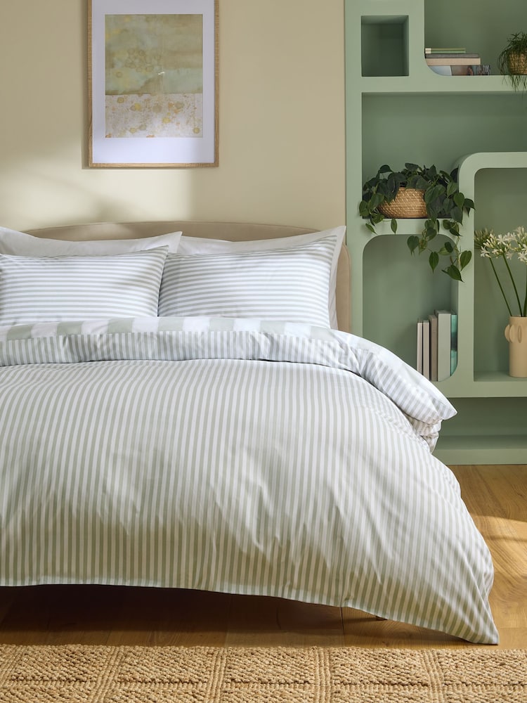 2 Pack Green Stripe 100% Cotton Duvet Cover and Pillowcase Set - Image 2 of 10