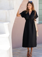 Pour Moi Black Shirred Neckline Textured Woven Midi Dress - Image 1 of 4