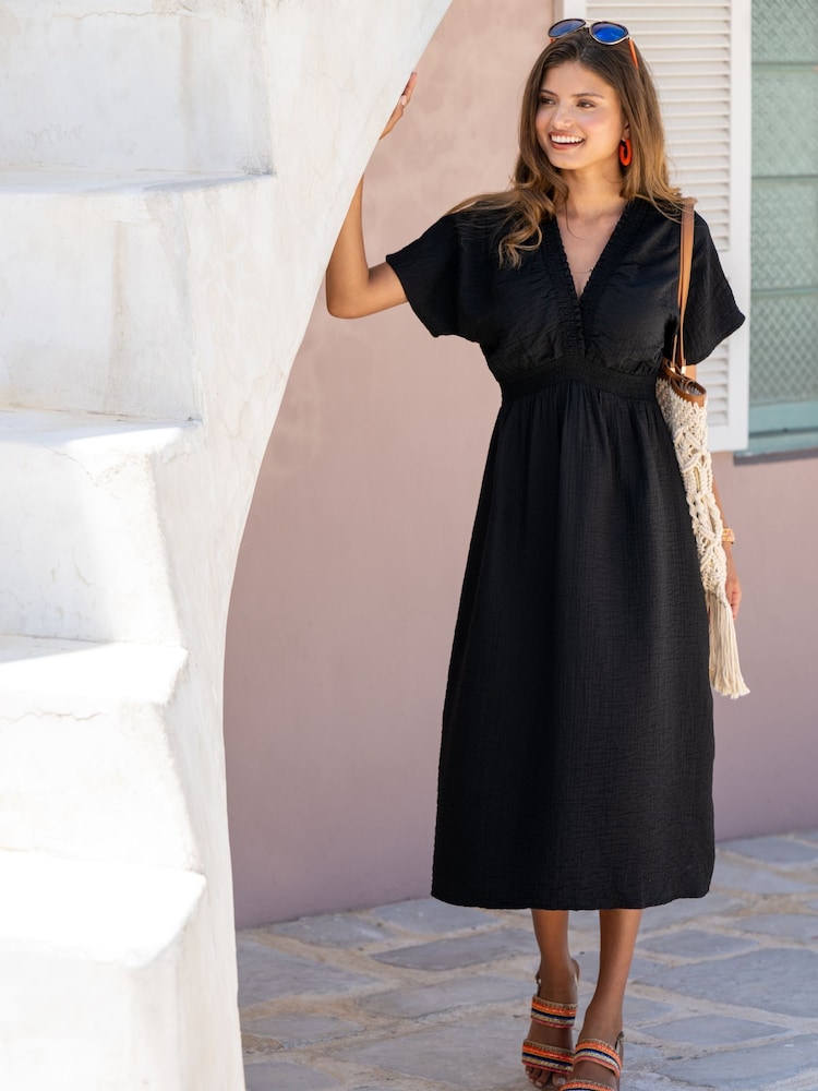 Pour Moi Black Shirred Neckline Textured Woven Midi Dress - Image 1 of 4