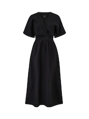 Pour Moi Black Shirred Neckline Textured Woven Midi Dress - Image 3 of 4