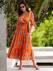 Pour Moi Orange Carmen Fuller Bust Woven Elasticated Neckline Midaxi Dress - Image 1 of 4