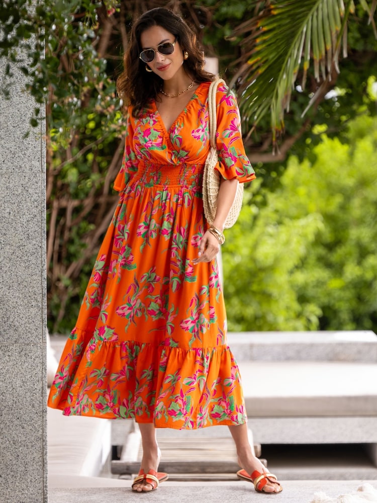 Pour Moi Orange Carmen Fuller Bust Woven Elasticated Neckline Midaxi Dress - Image 1 of 4