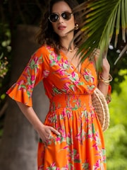 Pour Moi Orange Carmen Fuller Bust Woven Elasticated Neckline Midaxi Dress - Image 2 of 4