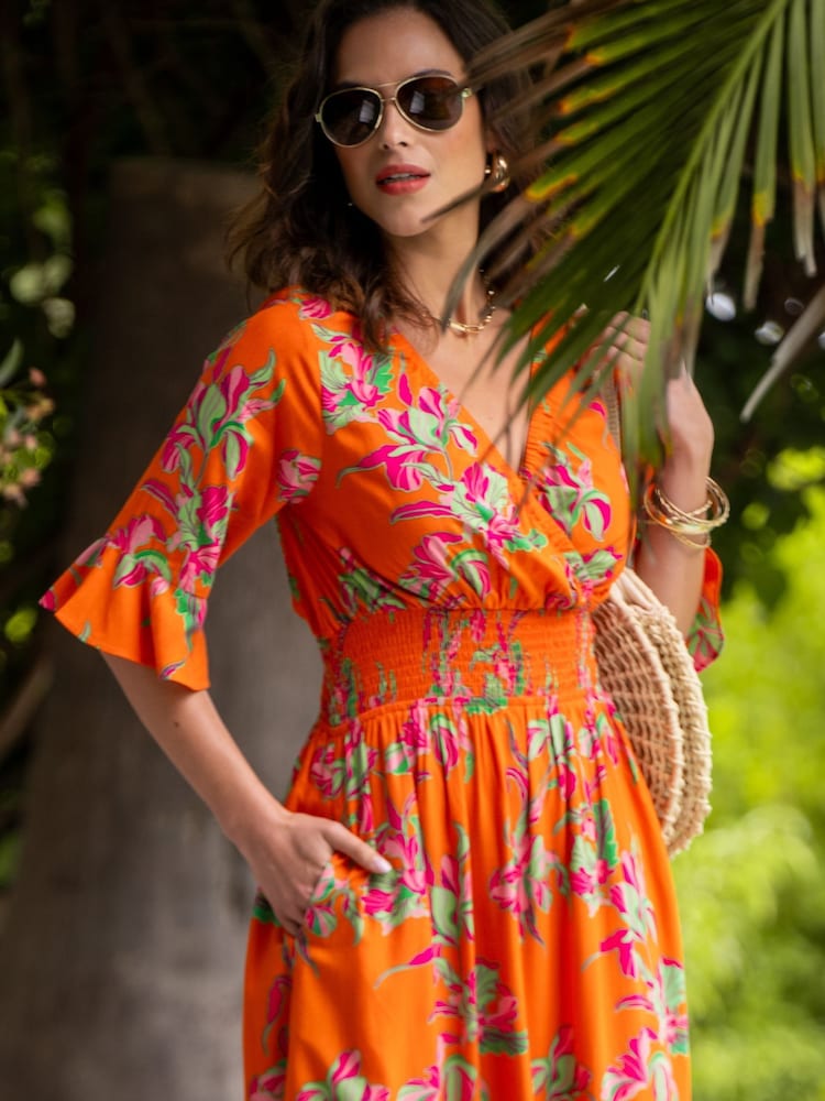 Pour Moi Orange Carmen Fuller Bust Woven Elasticated Neckline Midaxi Dress - Image 2 of 4