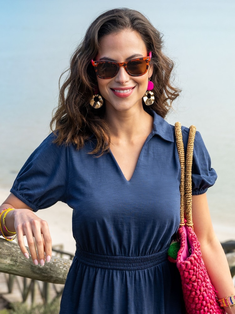 Pour Moi Blue 100% Cotton Slub Jersey Puff Sleeve Shirt Dress - Image 2 of 4