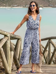 Pour Moi Blue Maya Fuller Bust 100% Cotton Slub Jersey Built Up Cropped Leg Jumpsuit - Image 1 of 4