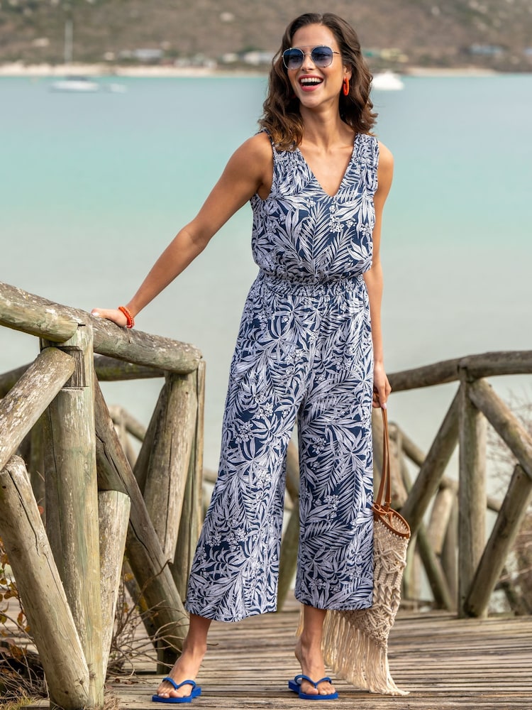 Pour Moi Blue Maya Fuller Bust 100% Cotton Slub Jersey Built Up Cropped Leg Jumpsuit - Image 1 of 4