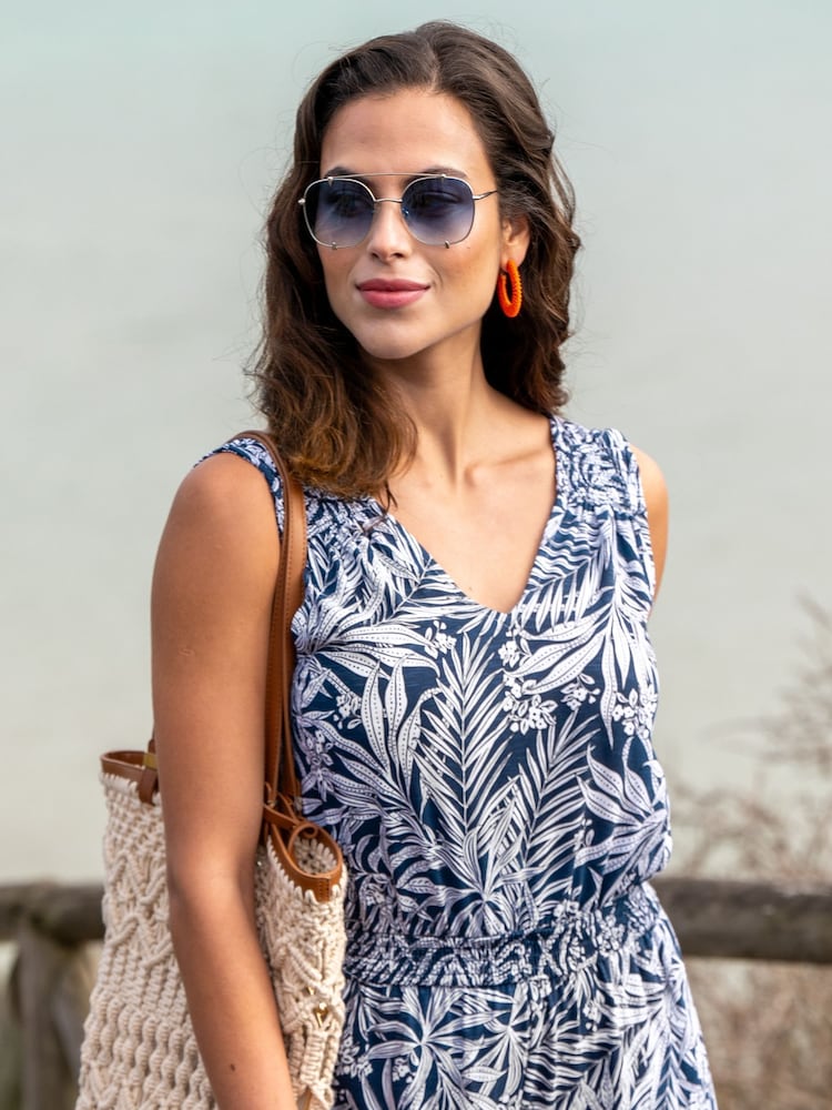 Pour Moi Blue Maya Fuller Bust 100% Cotton Slub Jersey Built Up Cropped Leg Jumpsuit - Image 2 of 4