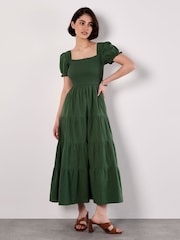 Apricot Green Smocked Detail Poplin 100% Cotton Midi Dress - Image 1 of 4