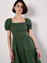 Apricot Green Smocked Detail Poplin 100% Cotton Midi Dress - Image 3 of 4