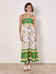 Apricot Green Birds and Palms Border Midi Dress - Image 1 of 4