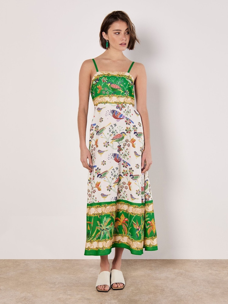 Apricot Green Birds and Palms Border Midi Dress - Image 1 of 4 Apricot Green Birds and Palms Border Midi Dress - Image 1 of 4