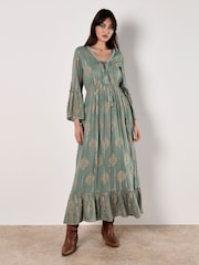 Apricot Green Paisley Tie Front Maxi Dress - Image 1 of 4