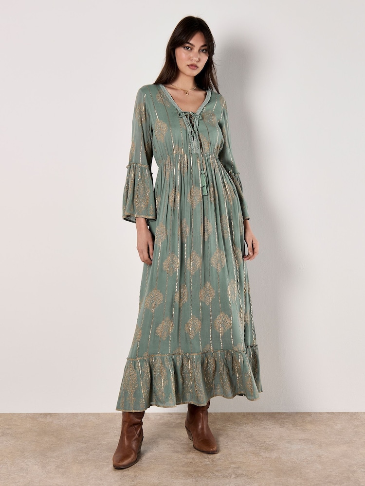 Apricot Green Paisley Tie Front Maxi Dress - Image 1 of 4