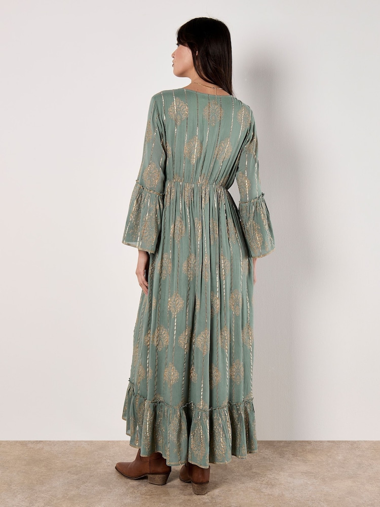 Apricot Green Paisley Tie Front Maxi Dress - Image 2 of 4