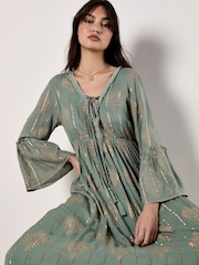 Apricot Green Paisley Tie Front Maxi Dress - Image 3 of 4
