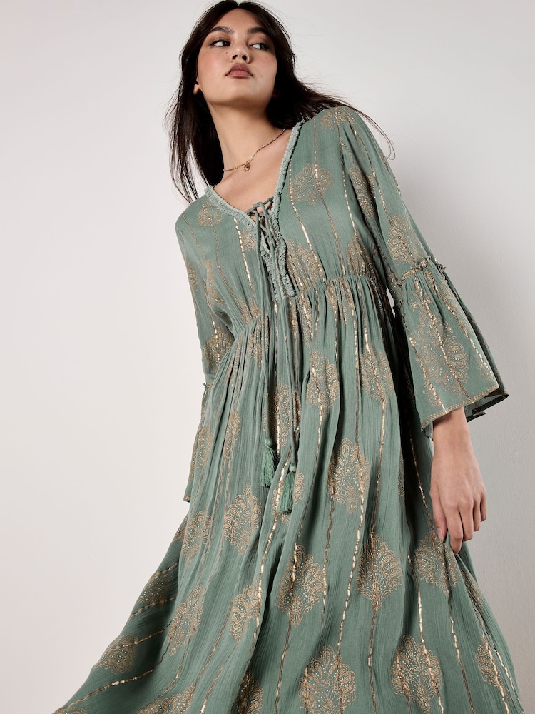 Apricot Green Paisley Tie Front Maxi Dress - Image 4 of 4