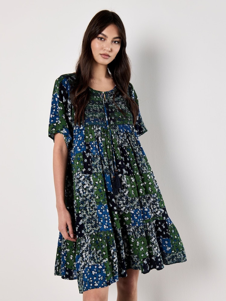 Apricot Blue Patchwork Floral Print Embroidered Detail Dress - Image 1 of 5 Apricot Blue Patchwork Floral Print Embroidered Detail Dress - Image 1 of 5