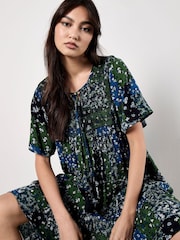 Apricot Blue Patchwork Floral Print Embroidered Detail Dress - Image 3 of 5