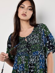 Apricot Blue Patchwork Floral Print Embroidered Detail Dress - Image 5 of 5