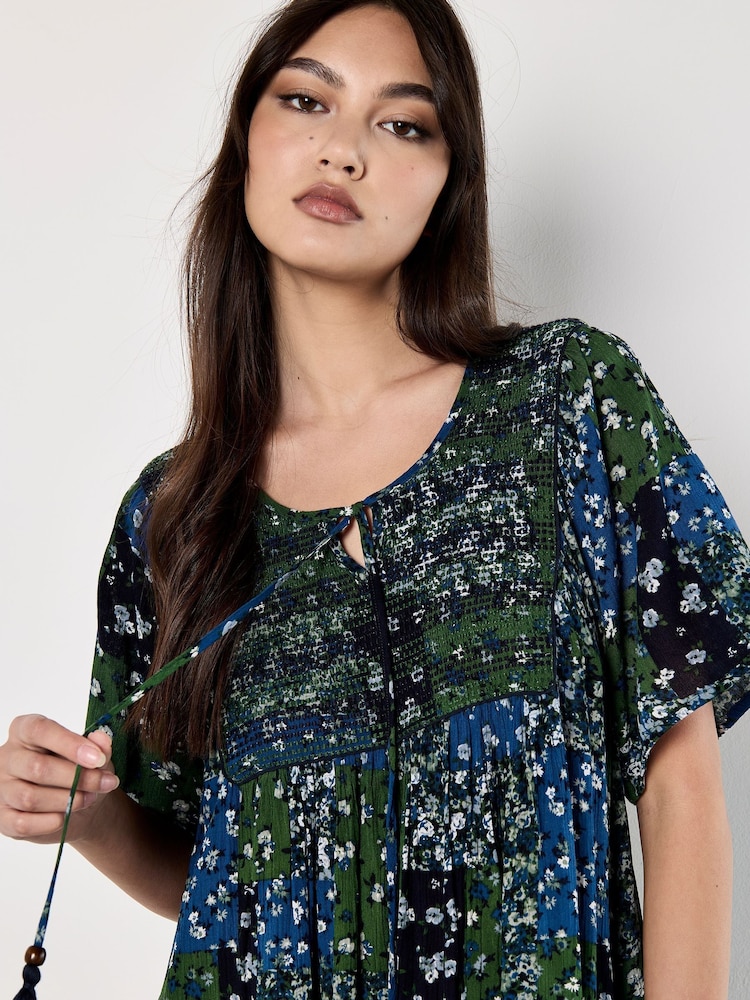 Apricot Blue Patchwork Floral Print Embroidered Detail Dress - Image 5 of 5