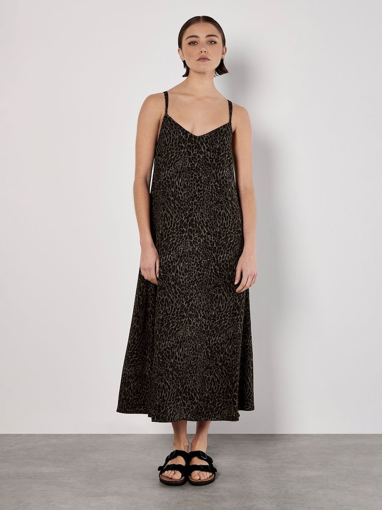 Apricot Green Animal Print Viscose Crepe Dress - Image 1 of 5