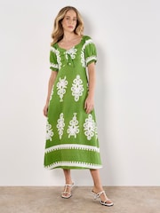Apricot Green Floral Print Vases Milkmaid Midi Dress - Image 1 of 4