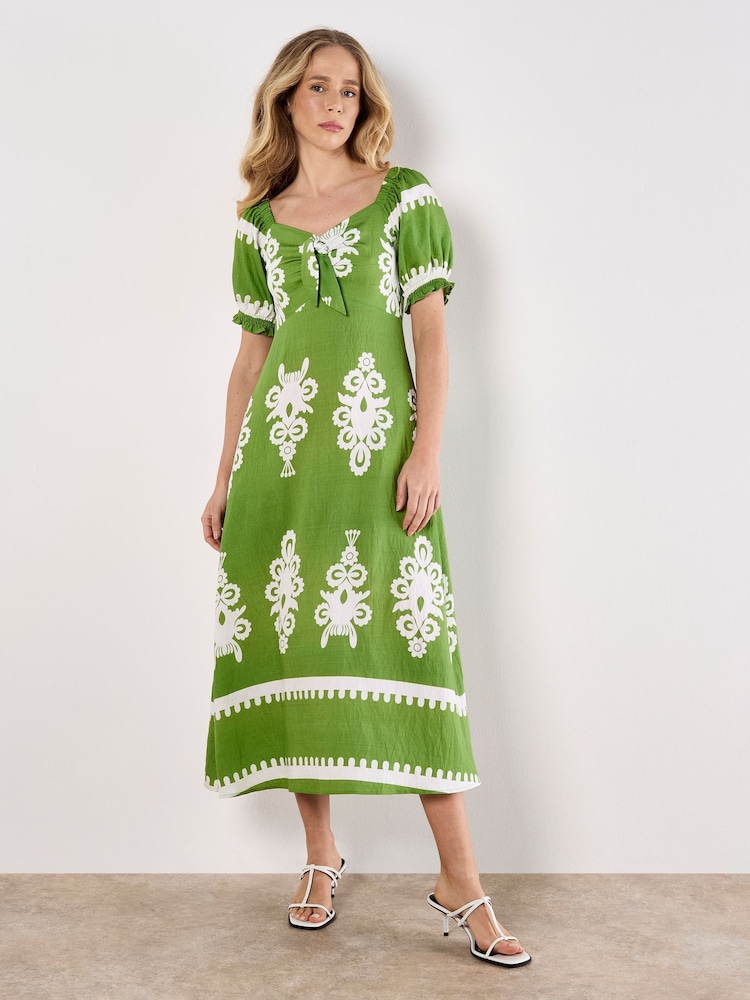 Apricot Green Floral Print Vases Milkmaid Midi Dress - Image 1 of 4 Apricot Green Floral Print Vases Milkmaid Midi Dress - Image 1 of 4