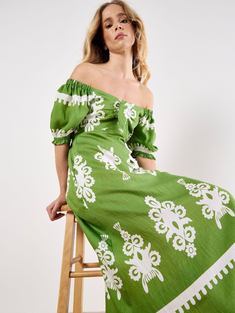 Apricot Green Floral Print Vases Milkmaid Midi Dress - Image 2 of 4 Apricot Green Floral Print Vases Milkmaid Midi Dress - Image 2 of 4