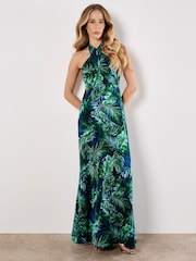Apricot Blue Tropical Leafy Print Text Satin Dress - Image 1 of 4