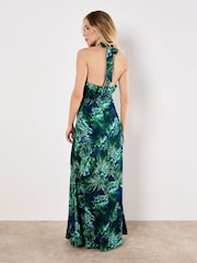 Apricot Blue Tropical Leafy Print Text Satin Dress - Image 3 of 4