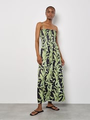 Apricot Black Tropical Leaf Print Smock Bandeau Dress - Image 1 of 4