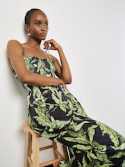 Apricot Black Tropical Leaf Print Smock Bandeau Dress - Image 3 of 4