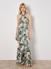Apricot Cream Tropical Leafy Print Text Satin Dress - Image 1 of 4