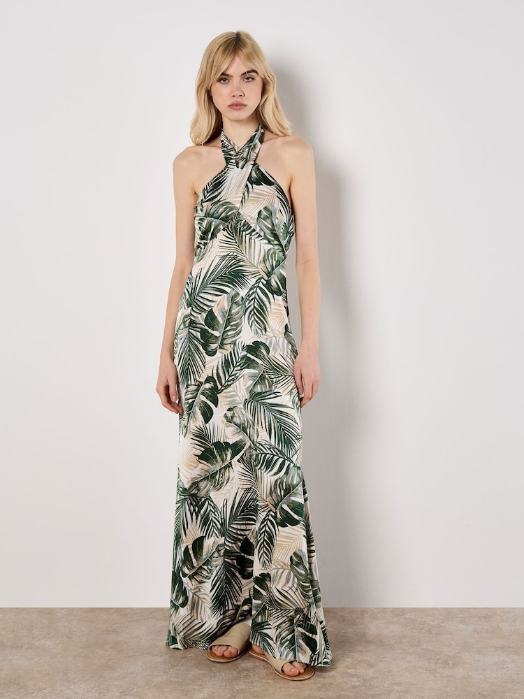 Apricot Cream Tropical Leafy Print Text Satin Dress - Image 1 of 4
