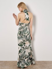 Apricot Cream Tropical Leafy Print Text Satin Dress - Image 2 of 4