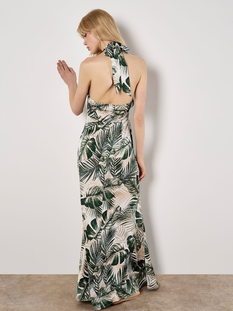 Apricot Cream Tropical Leafy Print Text Satin Dress - Image 2 of 4