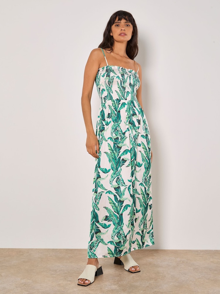 Apricot Green Tropical Leaf Print Smock Bandeau Dress - Image 1 of 4