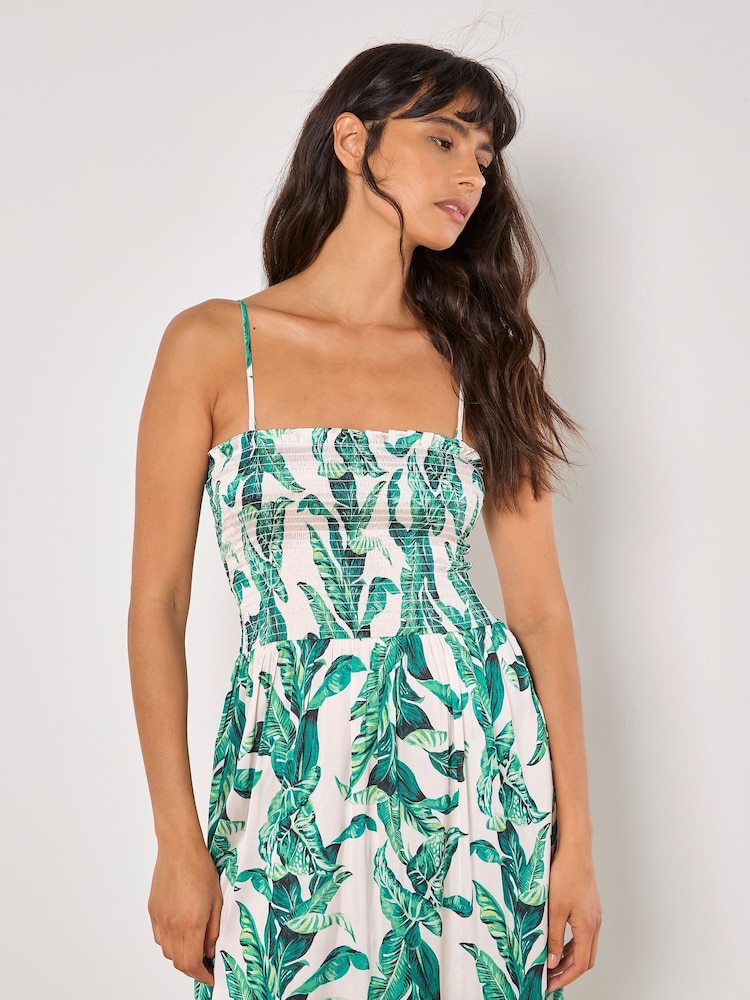 Apricot Green Tropical Leaf Print Smock Bandeau Dress - Image 4 of 4