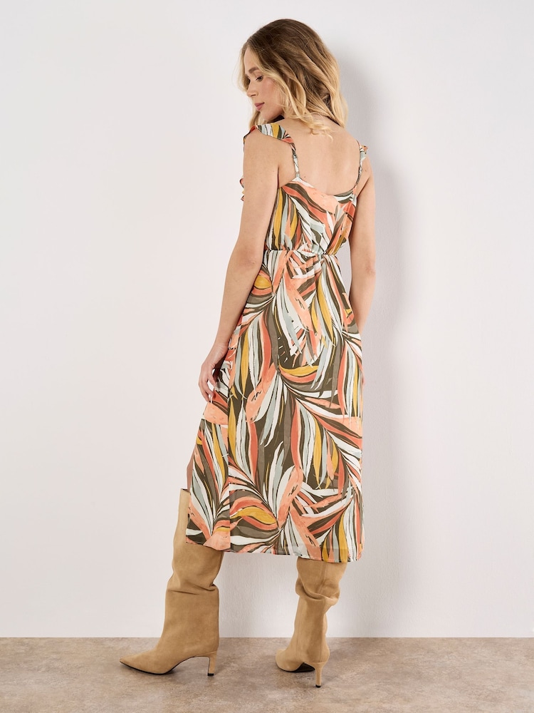 Apricot Khaki Palm Print Ruffle Midi Dress - Image 2 of 4